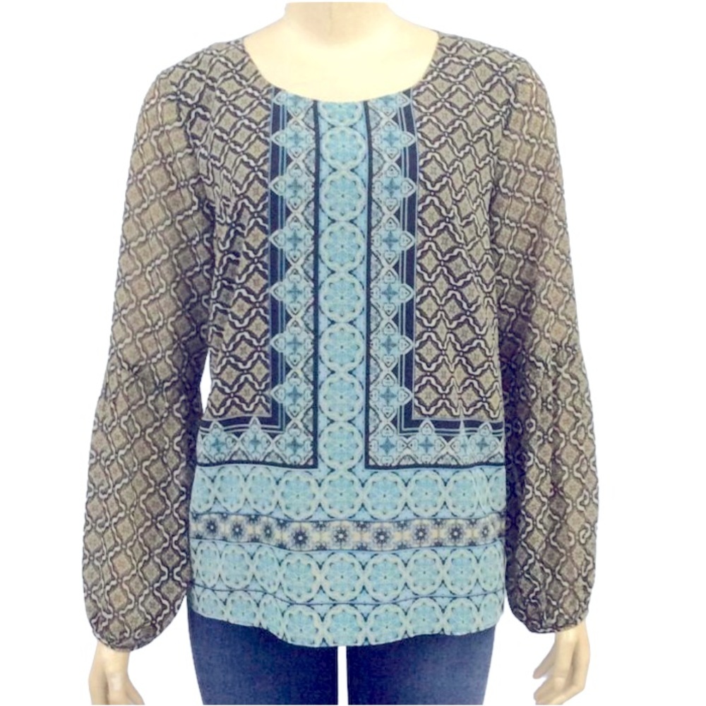 Zac and Rachel Woman Blue Brown Print Sheer Balloon Sleeve Lined Tunic Size 1X